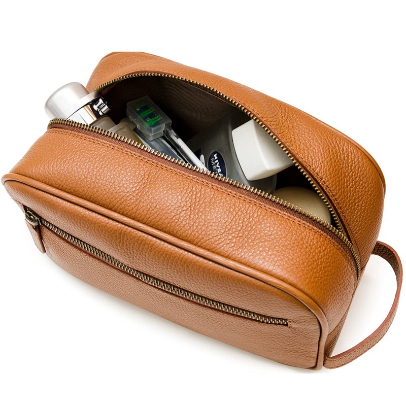 Maruse Italian Leather Toiletry Travel Bag with 2 Zippered Closures for Men and Women, Handmade in Italy, Brown - Image 4